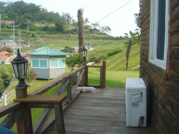 만지도 민박집 테라스에서 마당의 통나무집이 보이는 사진